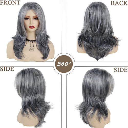 Load image into Gallery viewer, Synthetic Wig With Curtain Bangs Long Layered Wig Natural Silver Gray Wigs Women Salt and Pepper Hair Halloween Costume
