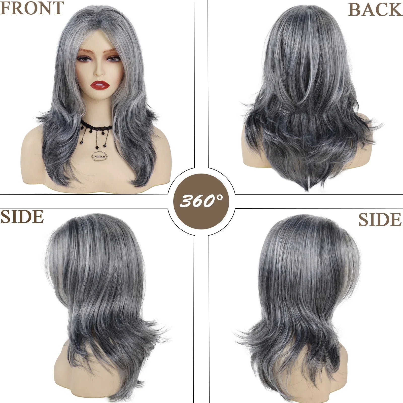 Synthetic Wig With Curtain Bangs Long Layered Wig Natural Silver Gray Wigs Women Salt and Pepper Hair Halloween Costume