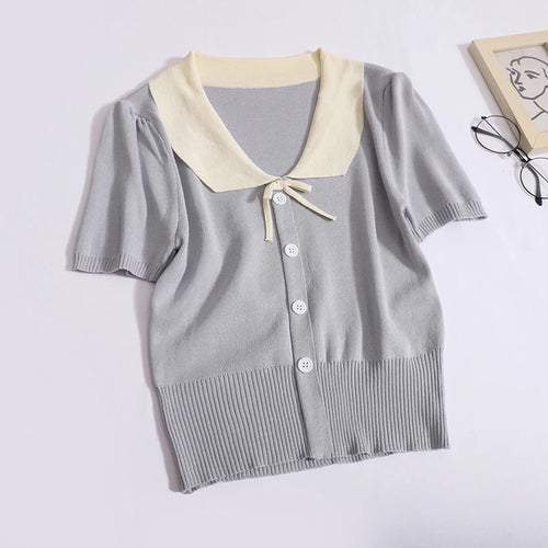 Load image into Gallery viewer, Vintage Women&#39;s Sweet 2024 New Fashion Patchwork Short Sleeve Single Breasted Elegant Knit Tops Summer Lapel Holiday Clothing
