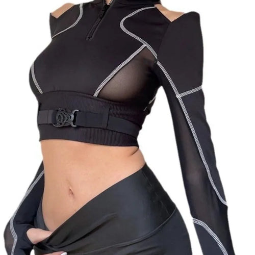 Load image into Gallery viewer, Grunge Patchwork Gauze Harajuku Crop Tops Women Y2k Aesthetic Zipper Slim Fit Tees Streetwear Vintage Fairy Hollow Out T-shirts
