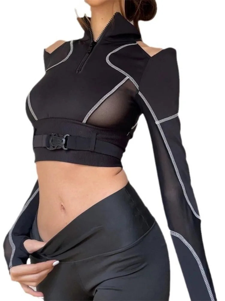 Grunge Patchwork Gauze Harajuku Crop Tops Women Y2k Aesthetic Zipper Slim Fit Tees Streetwear Vintage Fairy Hollow Out T-shirts