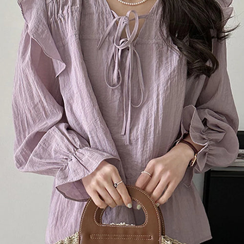 Load image into Gallery viewer, Purple Chiffon Edible Tree Fungus Women&#39;s Blouses Korean Style V-neck Solid Color Flare Sleeve Elegant Summer Chic Blouse
