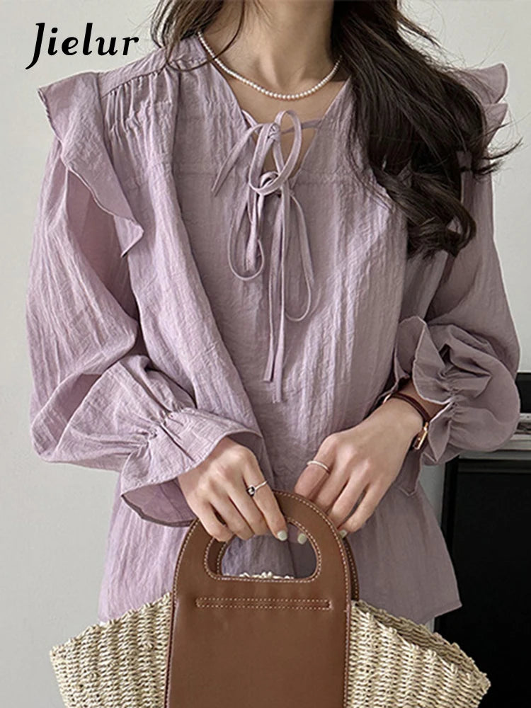 Purple Chiffon Edible Tree Fungus Women's Blouses Korean Style V-neck Solid Color Flare Sleeve Elegant Summer Chic Blouse