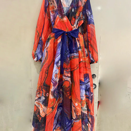 Load image into Gallery viewer, Printing Spliced Appliques Fashion Dresses for Women V Neck Long Sleeves Patchwork Folds Dress Female Clothing New
