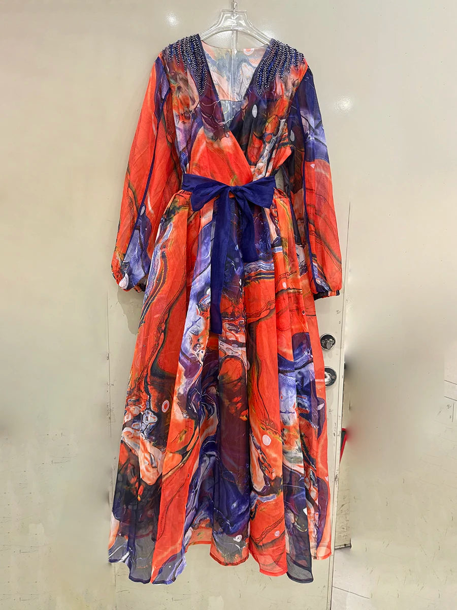 Printing Spliced Appliques Fashion Dresses for Women V Neck Long Sleeves Patchwork Folds Dress Female Clothing New