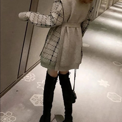 Load image into Gallery viewer, Fashion Black Gray Women Sweater Autumn Winter Turtleneck Stitching Fake Two Piece Dress Loose Pullover Knit Dresses
