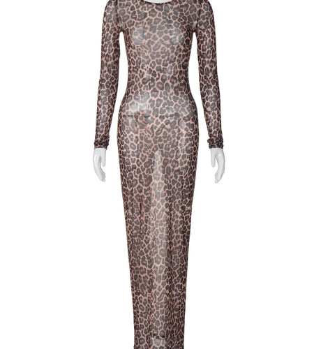 Leopard Print Mesh O Neck Long Sleeve Sexy See Through Maxi Dress Summer Women Fashion Outfits Beach Vacation Nightclub