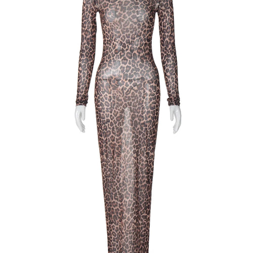 Load image into Gallery viewer, Leopard Print Mesh O Neck Long Sleeve Sexy See Through Maxi Dress Summer Women Fashion Outfits Beach Vacation Nightclub
