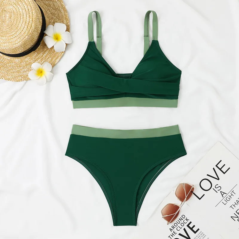 Solid Retro High Waist Swimsuit 2024 Women Bikini Set Female Swimwear Bandeau Bathing Suit for Women Beachwear