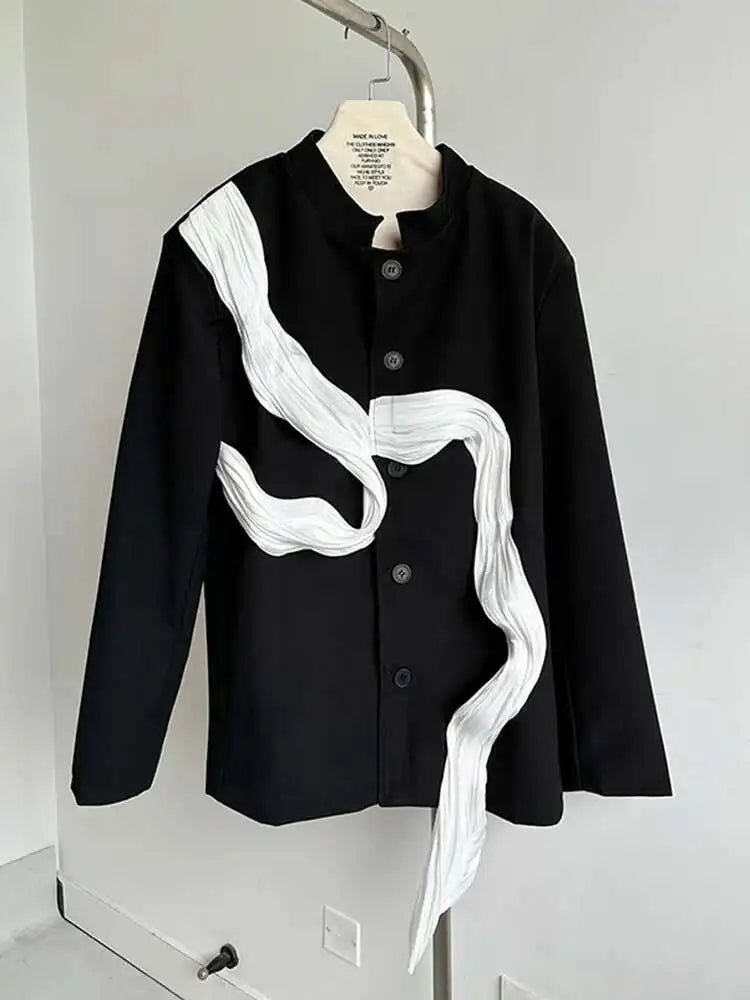 Women Ribbons Color-block Big Size Blazer New Stand Collar Long Sleeve Jacket Fashion Tide Spring Autumn 2025 1DH8156