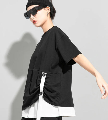 Women Black Button Ribbon Color-block Big Size T-shirt New Round Neck Short Sleeve Fashion Tide Spring Summer 2025 1DJ1751