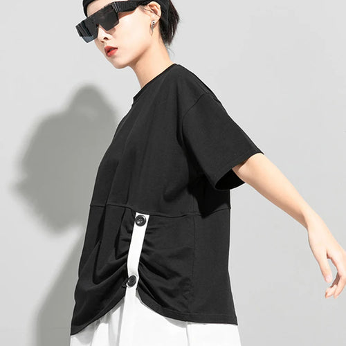 Load image into Gallery viewer, Women Black Button Ribbon Color-block Big Size T-shirt New Round Neck Short Sleeve Fashion Tide Spring Summer 2025 1DJ1751
