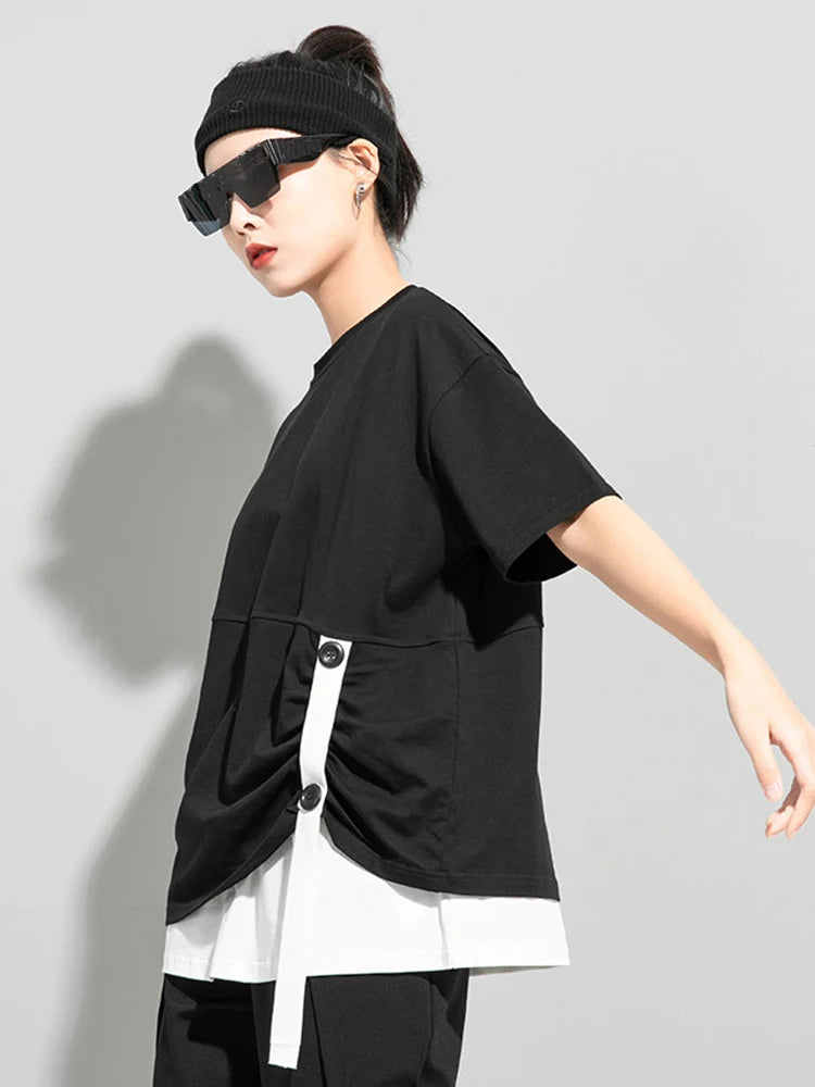 Women Black Button Ribbon Color-block Big Size T-shirt New Round Neck Short Sleeve Fashion Tide Spring Summer 2025 1DJ1751