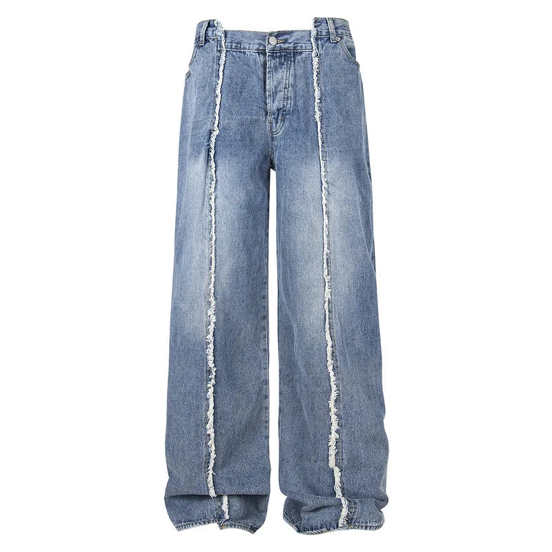 Men's Jeans Edge Splicing Design New American Style Washed Straight Wide Leg Line Trendy Male Casual Toursers Summer 9W1887