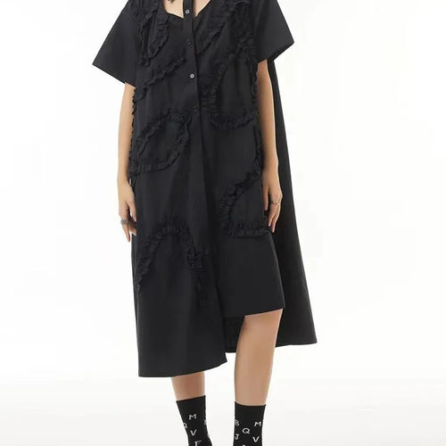 Load image into Gallery viewer, Women Black Hollow Out Irregular Ruffles Big Size Shirt Dress New Lapel Short Sleeve Fashion Spring Summer 2025 1DJ0504
