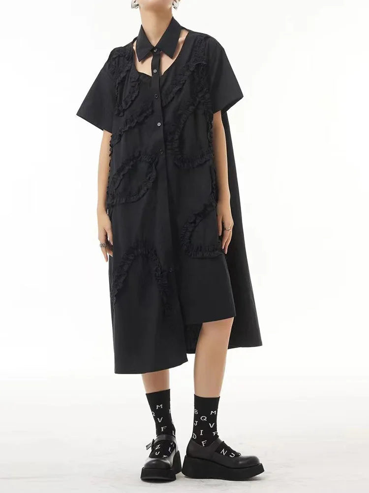 Women Black Hollow Out Irregular Ruffles Big Size Shirt Dress New Lapel Short Sleeve Fashion Spring Summer 2025 1DJ0504