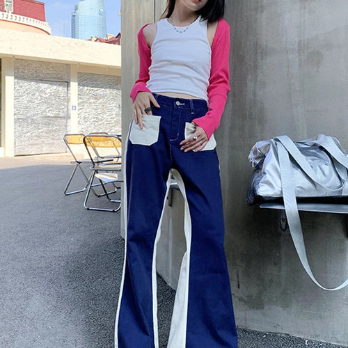 Load image into Gallery viewer, Hit Color Jeans For Women High Waist Patchwork Pocket Casual Loose Summer Flare Pants Female Fashion Clothing
