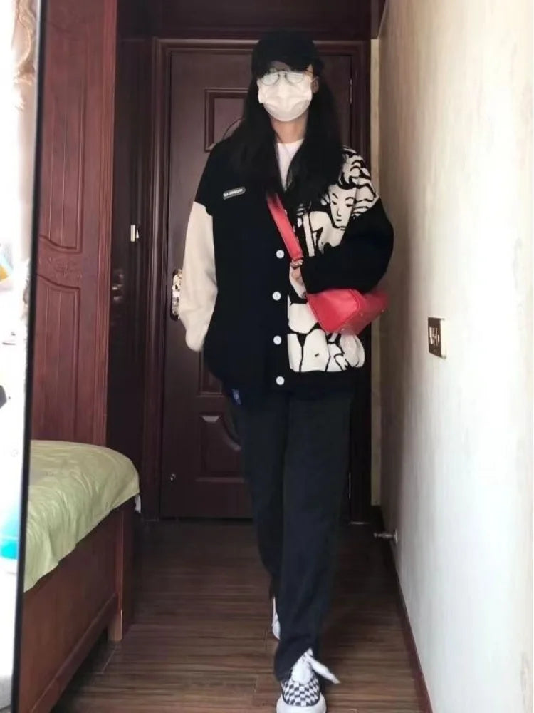 Casual Streetwear Angel Print Contrast Color Cardigan Women Loose Sweater Coat Autumn Harajuku Aesthetic Knitted Jumper