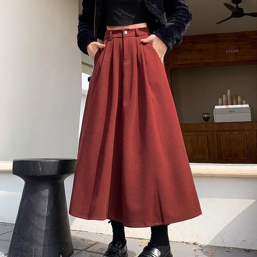 Load image into Gallery viewer, Vintage Black Red Elegant High Waist Woolen Long Skirt Women 2024 Autumn Winter Grey Vacation Party A Line Pleated Skirt Popular
