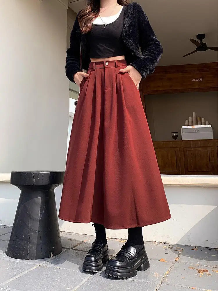 Vintage Black Red Elegant High Waist Woolen Long Skirt Women 2024 Autumn Winter Grey Vacation Party A Line Pleated Skirt Popular