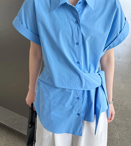 Women Purple Pleated Bandage Elegant Big Size Blouse New Lapel Short Sleeve Shirt Fashion Tide Spring Summer 2025 1DJ1362