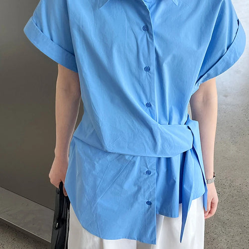 Load image into Gallery viewer, Women Purple Pleated Bandage Elegant Big Size Blouse New Lapel Short Sleeve Shirt Fashion Tide Spring Summer 2025 1DJ1362
