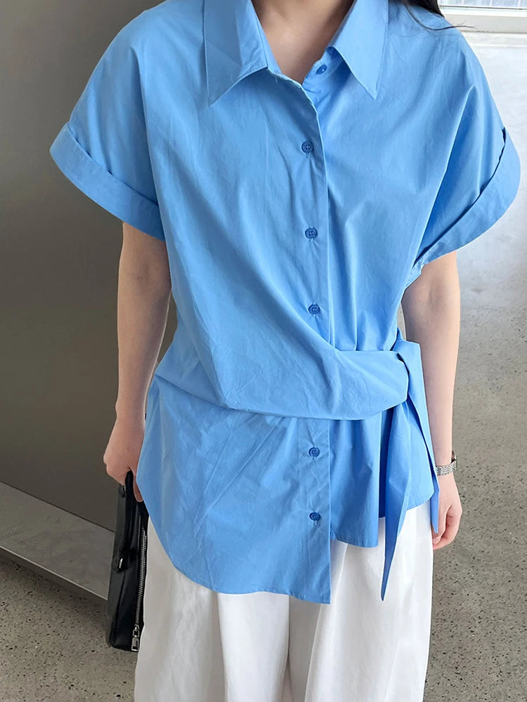 Women Purple Pleated Bandage Elegant Big Size Blouse New Lapel Short Sleeve Shirt Fashion Tide Spring Summer 2025 1DJ1362