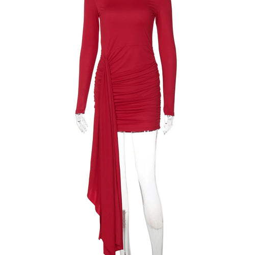 Load image into Gallery viewer, Elegant Solid Turtleneck Long Sleeve Bandage Draped Pleated Sexy Bodycon Mini Dress Fall Women Clothes Birthday Party
