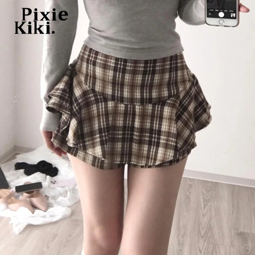 Load image into Gallery viewer, Brown Plaid Mini Skirts with Shorts Korean Style Kawaii High Waisted Skirt Fall Clothing Women 2024 P84-CA12
