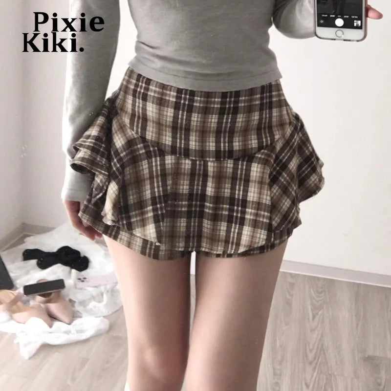 Brown Plaid Mini Skirts with Shorts Korean Style Kawaii High Waisted Skirt Fall Clothing Women 2024 P84-CA12