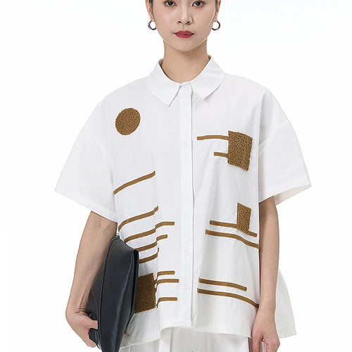 Load image into Gallery viewer, Women White Patch Spliced Big Size Casual Blouse New Lapel Short Sleeve Shirt Fashion Tide Spring Summer 2025 1DJ1495
