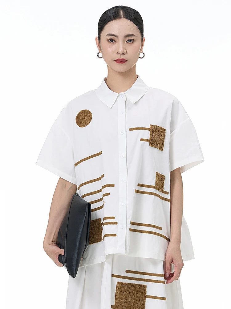 Women White Patch Spliced Big Size Casual Blouse New Lapel Short Sleeve Shirt Fashion Tide Spring Summer 2025 1DJ1495