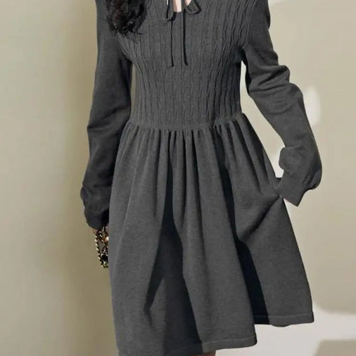 Load image into Gallery viewer, French Vintage Fashion Women Grey Festival Long Sleeved Lace-up Midi Dress Spring High Waist Pleated Knitted Dress Popular Trend
