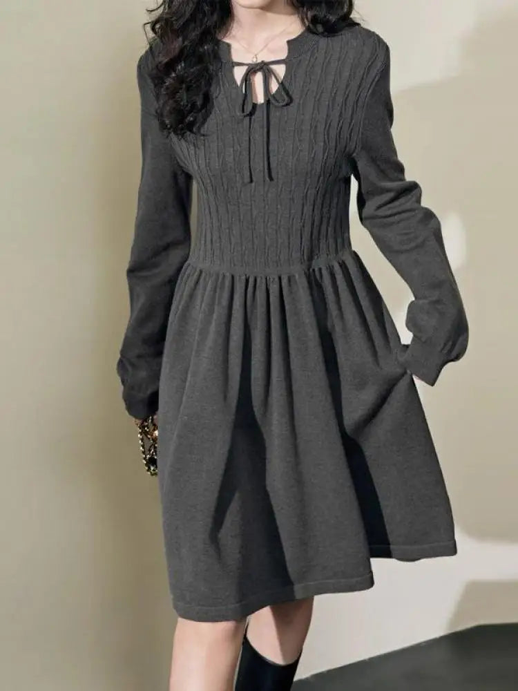 French Vintage Fashion Women Grey Festival Long Sleeved Lace-up Midi Dress Spring High Waist Pleated Knitted Dress Popular Trend