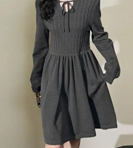 French Women's Autumn Winter Grey Long Sleeved Knitted Midi Dress V-neck Lace-up High Waist Slim Festival Pleated Dress Fashion