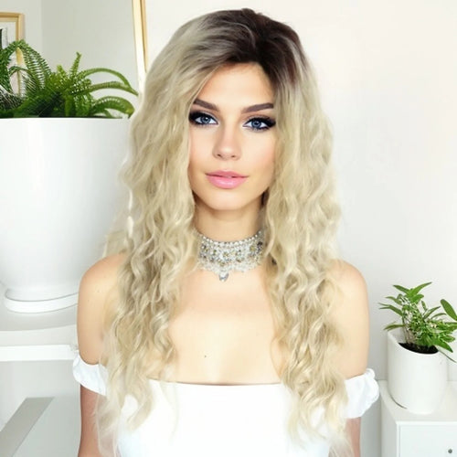 Load image into Gallery viewer, Blonde Curly Wig Synthetic Hair Natural Long Wave Wigs for White Women Free Part Dark Roots Ombre Wigs Drag Wavy Wig+Stickers
