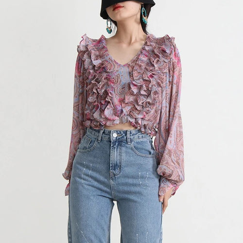 Load image into Gallery viewer, Hit Color Summer Shirts For Women V Neck Lantern Sleeve Casual Loose Blouse Female Fashion Style Clothing
