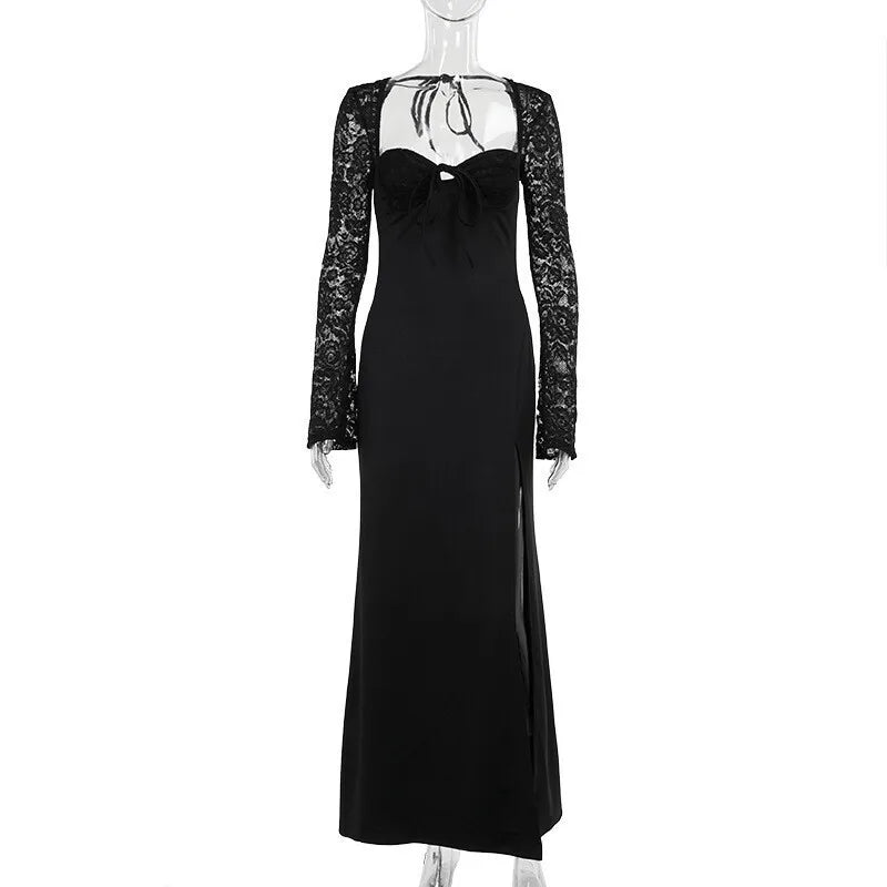 Lace Long Sleeve Sexy Maxi Dress Women Autumn New Square Collar Backless Lace-up High Split Sexy Club Party Long Dress