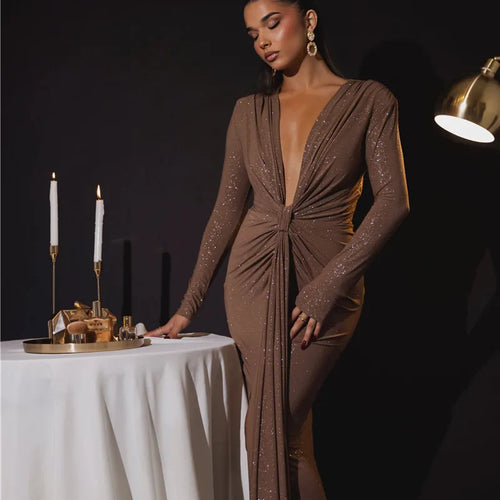 Load image into Gallery viewer, Glitter Deep V Neck Sexy Maxi Dress For Women Elegant Sparkle Long Sleeve Ruched Bodycon Split Club Party Sexy Dress
