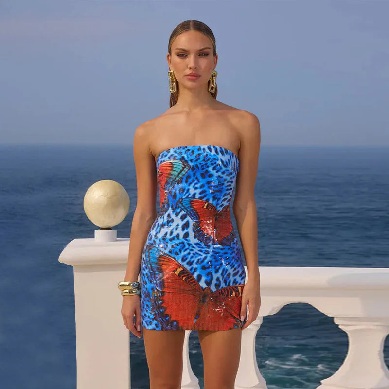 Sequins Off-shoulder Sexy Mini Dress Women Summer New Strapless Sleeveless Backless Beach Vacation Club Party Dress