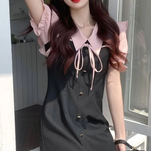 Load image into Gallery viewer, Y2k Kawaii Preppy Style School Black Dress Hotsweet Girls Puff Sleeve Mini Short Dresses
