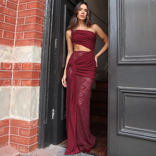 Load image into Gallery viewer, Hollow Out Lace Draped Sexy Maxi Dress For Women Gown Fashion One Shoulder Sleeveless Backless Bodycon Long Dress
