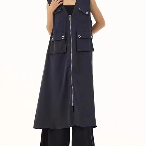 Load image into Gallery viewer, Women Black Zipper Pockets Spliced Big Size Midi Vest Dress New V-Neck Sleeveless Fashion Tide Spring Autumn 2025  1DJ1194
