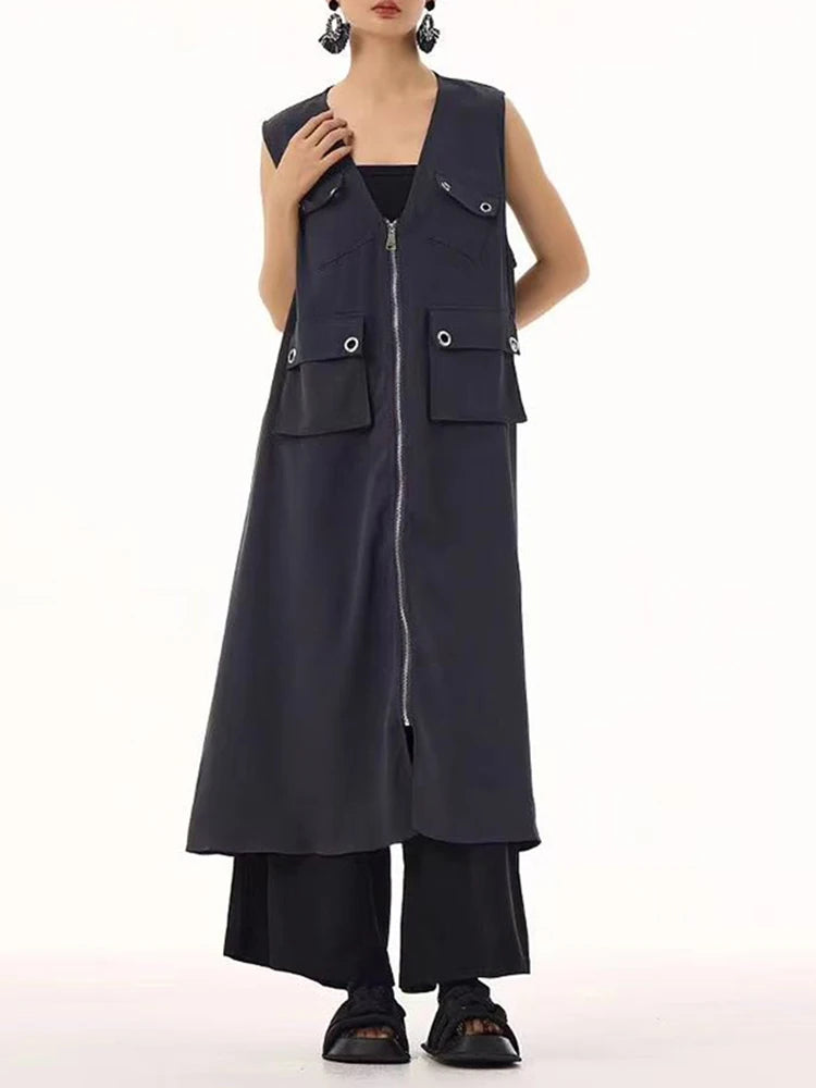 Women Black Zipper Pockets Spliced Big Size Midi Vest Dress New V-Neck Sleeveless Fashion Tide Spring Autumn 2025  1DJ1194