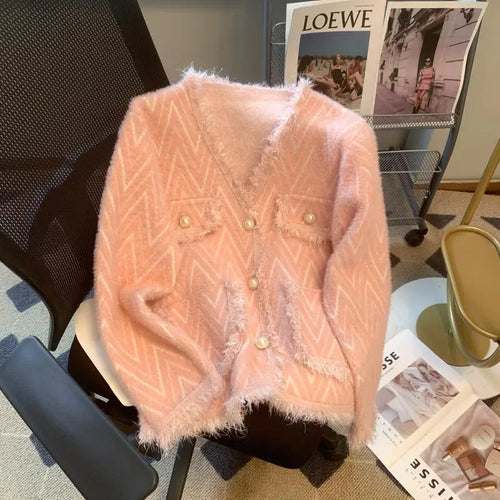 Load image into Gallery viewer, Korean White Imitation Mink Knitted Tops Women Spring Autumn Soft Cardigan Pink Sweater Casual Green Tassel Design Stripe Coat
