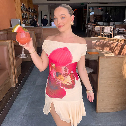 Load image into Gallery viewer, Skew Collar Ruffled Print Sexy Mini Dress For Women Off-shoulder Sleeveless Backless High Waist Printed Dress Vestido
