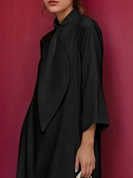 Summer Cotton Tie Neck Mini Dress for Women 2025 New Elegant Three-quarter Sleeves Simple Shirt Dresses Outfits Woman