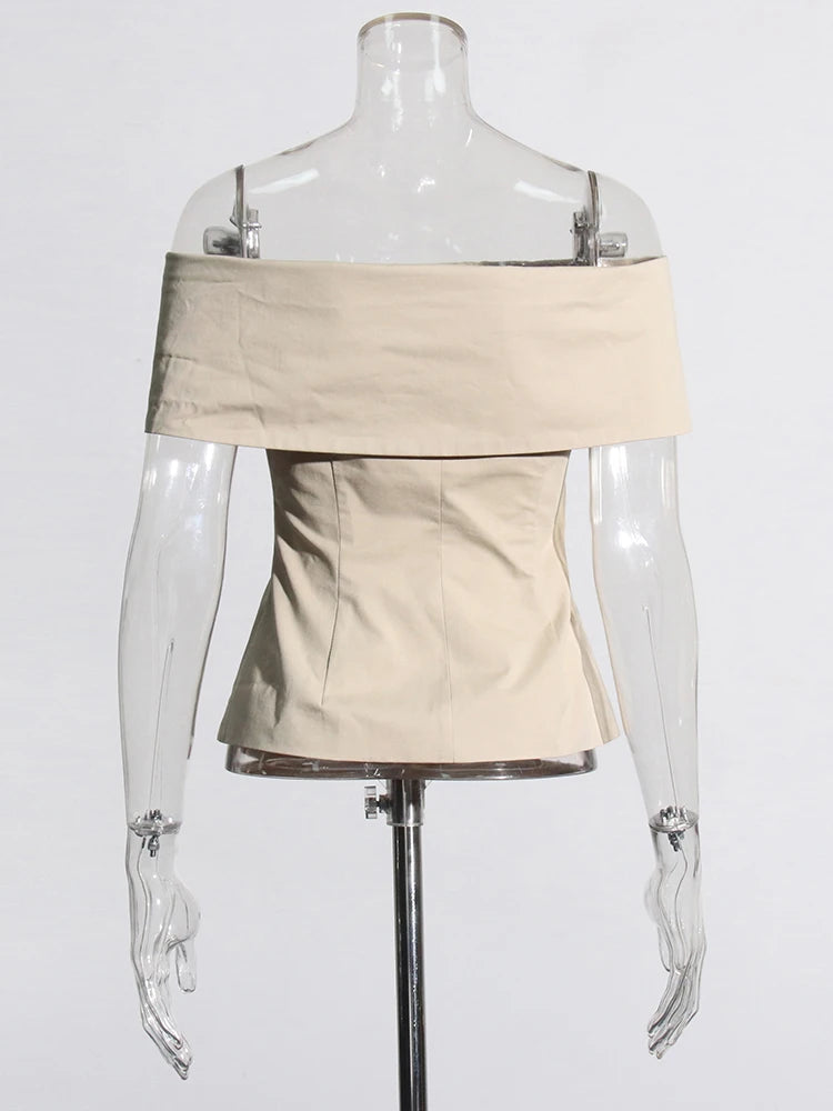 Minimalist Fashion Short Coats For Women Slash Neck Short Sleeve Off Shoulder Patchwork Single Breasted Casual Coat Female