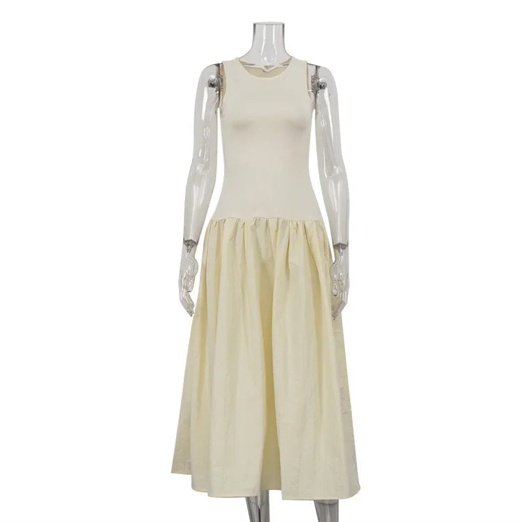 Patchwork Sleeveless Maxi Dress For Women Autumn New Casual Solid O Neck Loose A-line Long Tank Dress Elegant Fashion