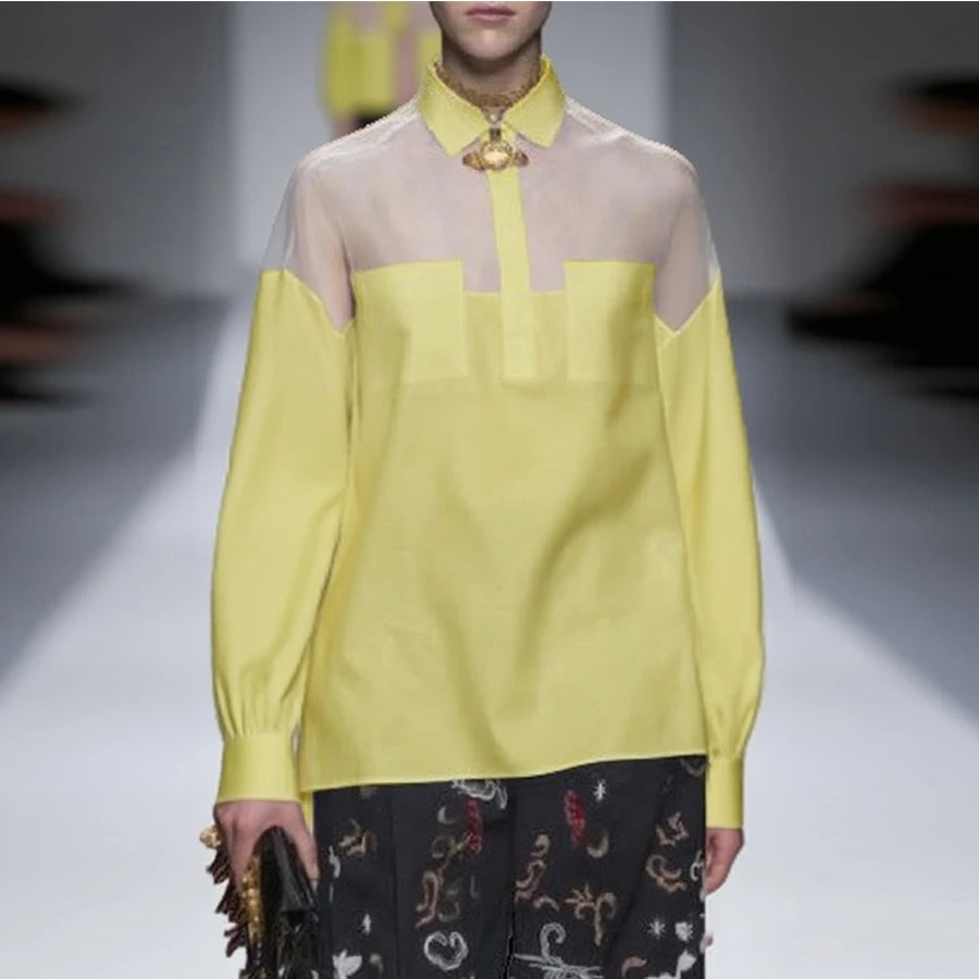 Summer Fall See-through Blouses for Women 2025 New Casual Loose Lapel Long Sleeves Office Lady Shirts Tops and Blouses